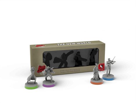 Text auf einer Box: "THE NEW WORLD". Vier Miniaturen davor, jede auf einem farbigen Sockel. Logo mit einem Pegasus.