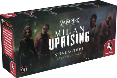 Vampire: The Masquerade - Milan Uprising Characters Expansion Pack, mit vier stilvollen Figuren. Pegasus Spiele Logo.