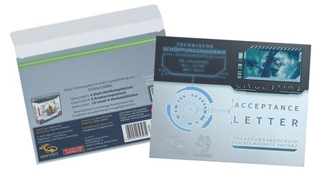 "ACCEPTANCE LETTER", "Technische Schöpfungsakademie", Bild: Wesen am Baum, Logos: Deep Print Games, Pegasus Spiele.