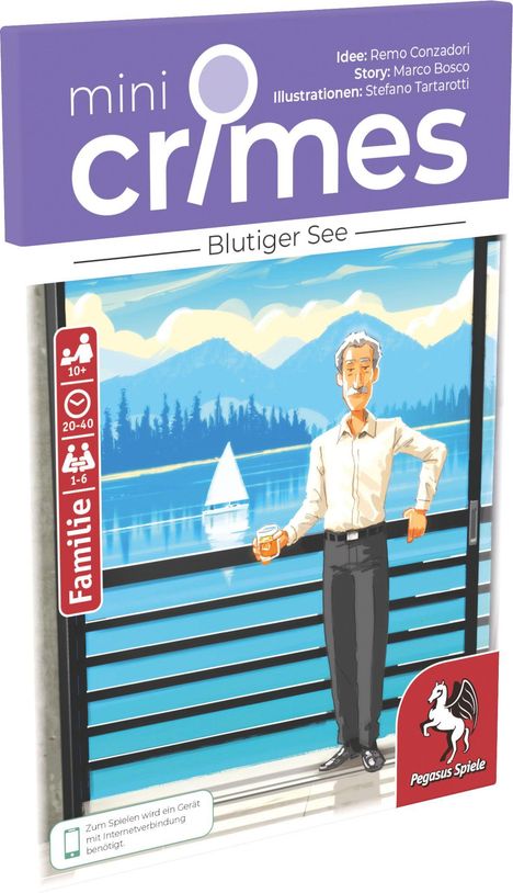 Text: "mini crimes - Blutiger See." Illustration: Ein Mann mit Getränk, Blick auf See und Berge; Logo von Pegasus Spiele.
