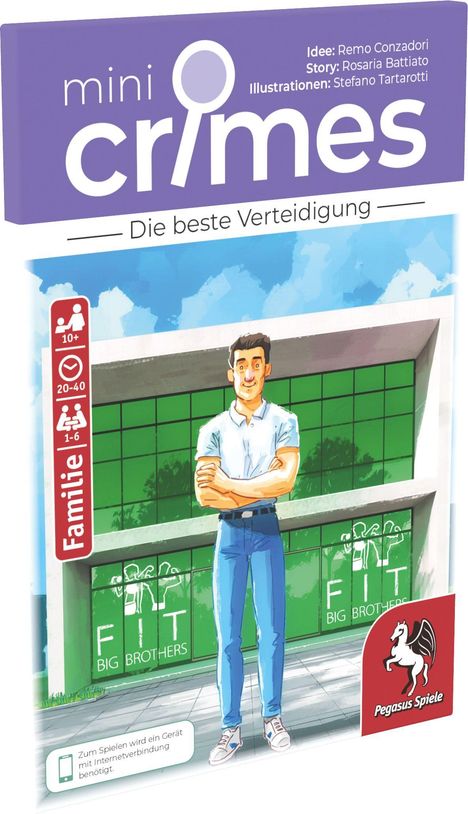 "mini crimes", "Die beste Verteidigung", "Familie". Ein Mann steht selbstbewusst vor einem modernen Gebäude. 