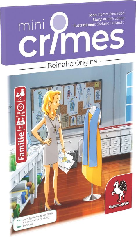 Text: "mini crimes, Beinahe Original, Familie, Pegasus Spiele." Illustration: Frau in Modeatelier mit Skizzenbrett.