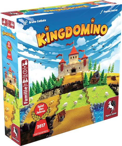 KINGDOMINO, Spiel des Jahres 2017. Illustration: Burg, Landschaft mit Schafen und Bäumen, Pegasus-Spiele-Logo.