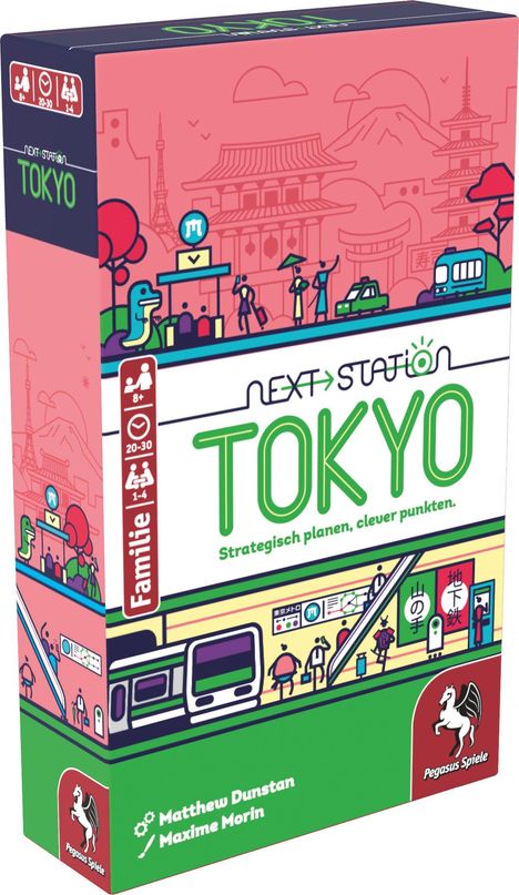 "Next Station Tokyo. Strategisch planen, clever punkten." Illustration mit U-Bahn, Bergen und japanischer Architektur.