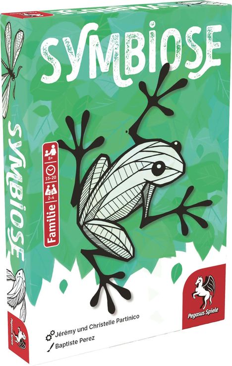 "SYMBIOSE" in großer Schrift, darunter eine stilisierte schwarz-weiße Froschillustration mit grünen Blättern.