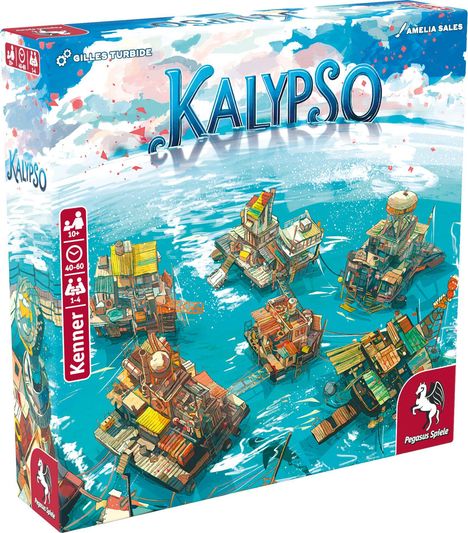 „KALYPSO“, Kennerspiel, 10+, 40-60 Min, 1-4 Spieler. Bunte schwimmende Häuser auf türkisfarbenem Wasser, Pegasus Spiele Logo.