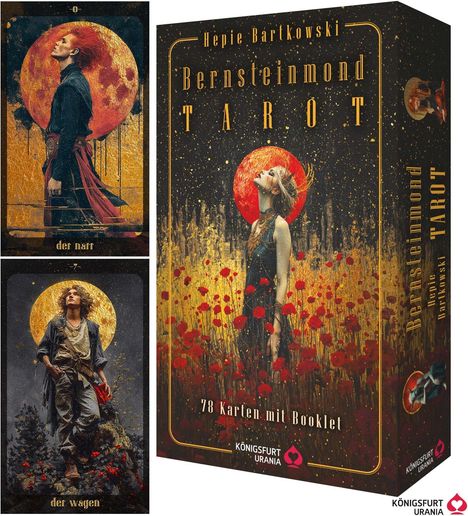 „Bernsteinmond TAROT“ von Heike Bártzkowski. Kartenmotiv: Eine Person vor einem roten Mond. Enthält 78 Karten mit Booklet.