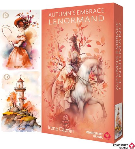 "Autumn’s Embrace Lenormand" und "Irene Captijn". Illustration einer Frau auf einem Pferd, daneben zwei Kartenmotive: Peitsche und Turm.