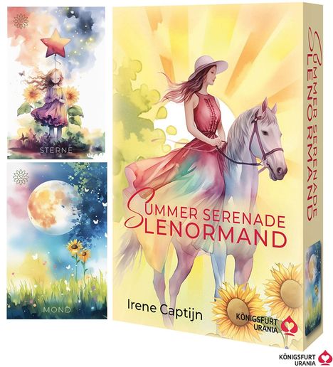 Texte: "STERN", "MOND", "SUMMER SERENADE LENORMAND", "Irene Captijn". Illustrationen: Mädchen mit Stern, Mond und Frau auf Pferd.