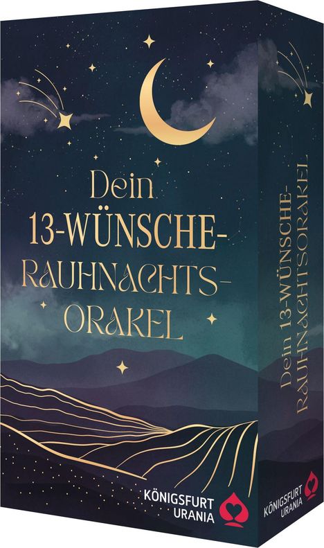 Text: "Dein 13-Wünsche-Rauhnachtsorakel." Ein nächtlicher Himmel mit Mond, Sternen und einem Kometen.