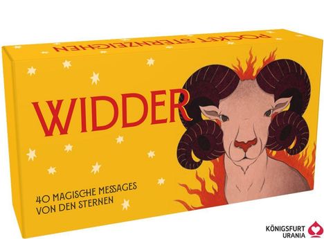 "Widder. 40 magische Messages von den Sternen." Gelbe Box mit Widder-Illustration und Flammen.