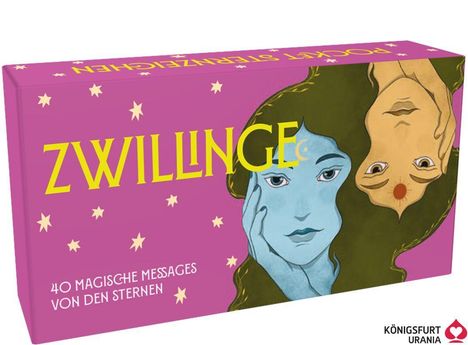 Zwillinge - 40 magische Messages von den Sternen. Illustration von zwei Gesichtern auf rosa Hintergrund mit Sternen.