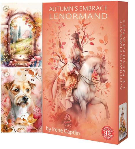 "Autumn's Embrace Lenormand", "GARDEN", "DOG", von Irene Captijn. Die Illustration zeigt eine Person auf einem Pferd mit Herbstlaub.