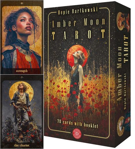"Amber Moon Tarot" von Hepie Bartkowski. Illustration von Menschen in goldenen, blumigen Umgebungen. "78 cards with booklet".
