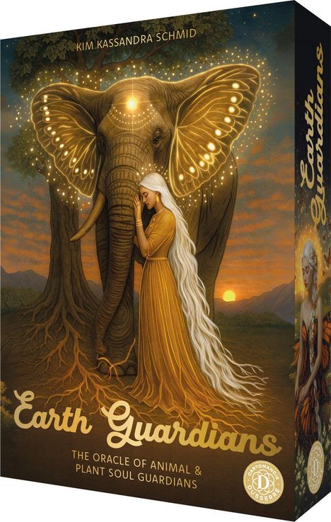 "Earth Guardians" und "The Oracle of Animal & Plant Soul Guardians" stehen auf der Box. Ein Elefant mit leuchtenden Ohren neben einer Frau mit langem weißem Haar, Sonnenuntergang im Hintergrund.