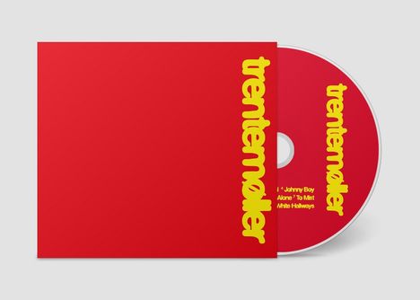 "trentemøller" in gelber Schrift auf rotem Hintergrund, CD und Hülle, eine Trackliste in kleiner Schrift.