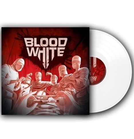 „Blood White“ in großen, fetten Buchstaben. Illustration: Chirurgen über einem OP-Tisch, weiße Vinyl-Schallplatte.