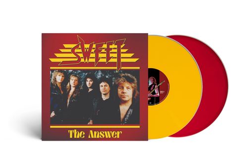 Text: "SWEET", "The Answer". Bandfoto auf rotem Cover. Eine gelbe und eine rote Schallplatte sind zu sehen.