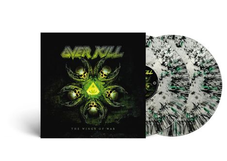 "OVER KILL" und "THE WINGS OF WAR" auf einem düsteren Cover mit grüner, skullartiger Illustration und zwei Vinyl-Schallplatten.