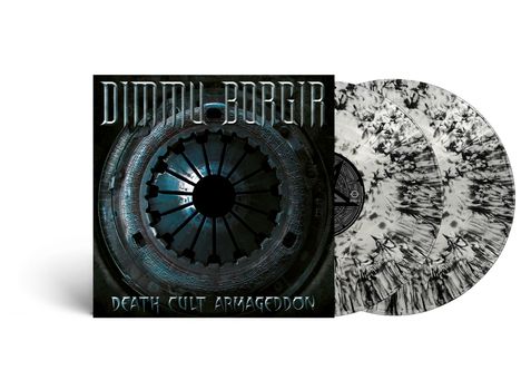 „DIMMU BORGIR“ und „DEATH CULT ARMAGEDDON“ auf einem dunklen, mystischen Plattencover mit zwei schwarz-weiß marmorierten Schallplatten.