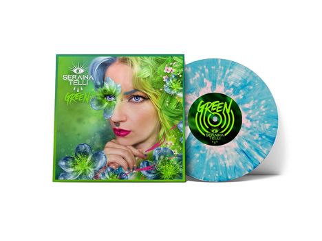 Covertext: SERAINA TELLI, GREEN. Porträt einer Frau mit buntem Haar, Blumen und einem strahlenden, psychedelischen Vinyl.