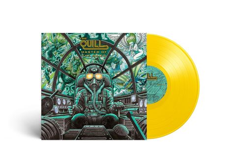 "The Quill Master of the Skies" steht auf einem Albumcover in einem Cockpit mit fantastischen Wesen, neben einer gelben Schallplatte.