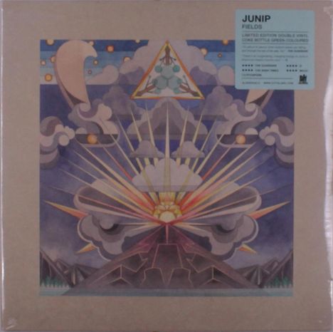 Text: "Junip Fields Limited Edition Double Vinyl". Illustration: Vulkan vor Himmel mit strahlenden Sonnenstrahlen und Wolken.