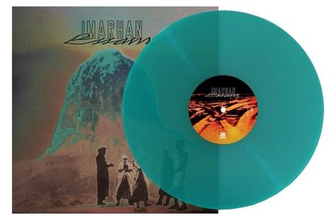 „IMARHAN“, „Aboogi“. Türkise Schallplatte über einem Cover mit Berg- und Silhouettenmotiv.