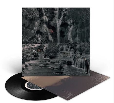 Texte: None sichtbar. 

Graue Landschaft mit Wasserfällen, dichte Vegetation; CD vor einem geöffneter Papphülle.