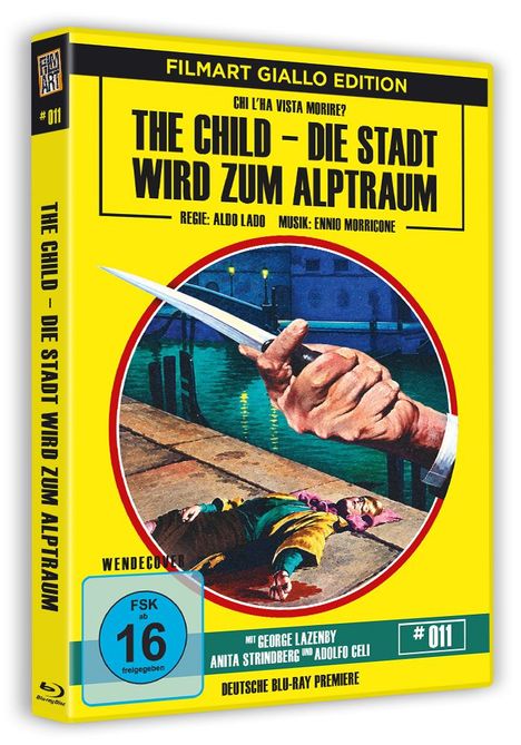 "The Child – Die Stadt wird zum Alptraum", Regie: Aldo Lado, Musik: Ennio Morricone, gelbes Cover, Hand hält Messer.