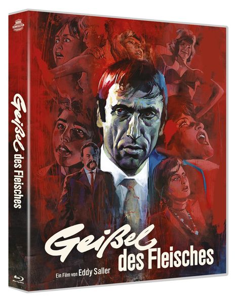 „Geißel des Fleisches“, Film von Eddy Saller. Illustration mit intensivem Gesicht und dramatischen Szenen in Rot.