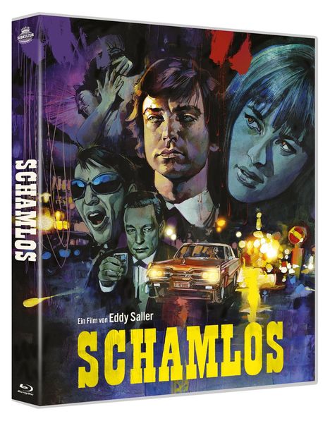 Text: "SCHAMLOS, Ein Film von Eddy Saller." Illustration mit Gesichtern, Auto und städtischem Hintergrund in kräftigen Farben.