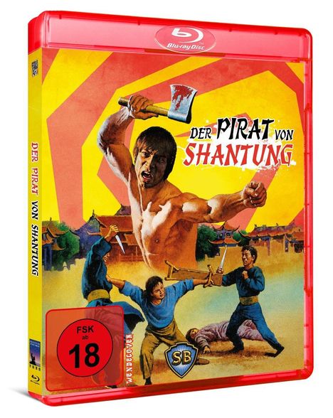 "DER PIRAT VON SHANTUNG" in kräftiger Schrift. Illustration: Muskelmann mit Axt, kämpfende Figuren, Gebäude im Hintergrund. FSK 18.
