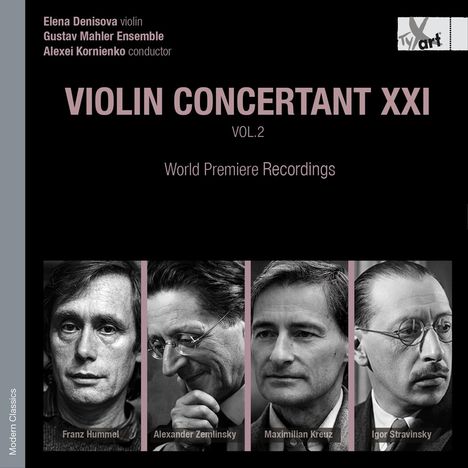 Albumcover mit Text: Elena Denisova, Gustav Mahler Ensemble, Alexei Kornienko, Violin Concertant XXI, Weltpremieren.