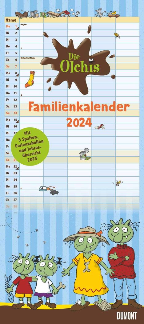 Die Olchis Familienkalender 2024 - Von Erhard Dietl - Familienplaner mit 5 Spalten - Format 22 x 49,5 cm, Kalender