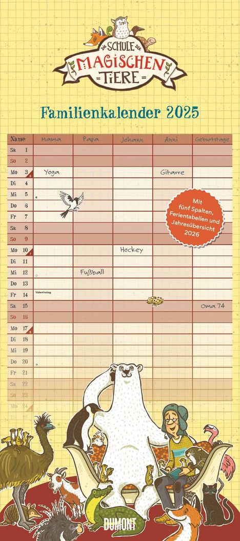 Margit Auer: Schule der magischen Tiere Familienkalender 2025 - Wandkalender - Familienplaner mit 5 Spalten - Format 22 x 49,5 cm, Kalender