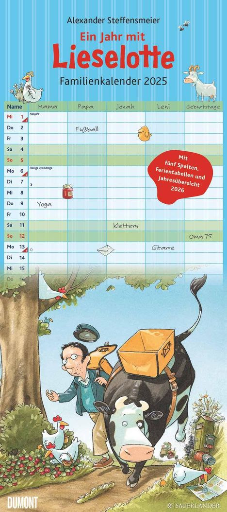 Die Kuh Lieselotte Familienkalender 2025 - Von Alexander Steffenmeier - Familienplaner mit 5 Spalten - Format 22 x 49,5 cm, Kalender