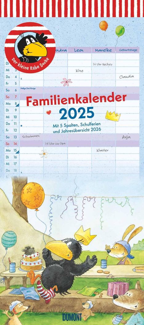 Nele Moost: DUMONT - Der kleine Rabe Socke 2025 Familienkalender, 22x49,5cm, Planer mit 5 Spalten für die ganze Familie, Jahresübersicht 2026 und Schulferientabelle, deutsches Kalendarium, Kalender