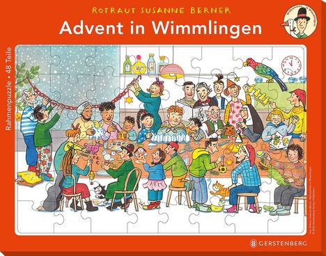 "Advent in Wimmlingen", Puzzle-Illustration mit fröhlichen Menschen beim Basteln und Feiern. Ein Papagei auf einem Regal.