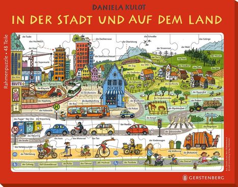 "IN DER STADT UND AUF DEM LAND" ist ein farbenfrohes Puzzle mit städtischen und ländlichen Szenen, Gebäuden und Fahrzeugen.