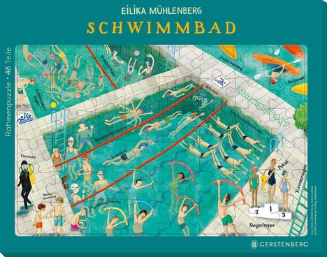 Texte: "Eilika Mühlenberg, Schwimmbad, Rahmenpuzzle: 48 Teile." Illustration: Schwimmbad mit Schwimmern und Aktivitäten.