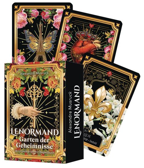 "Lenormand, Garten der Geheimnisse, Alexandre Musruck." Illustrationen von Karten mit Blumen, Schmetterlingen und Symbolen.