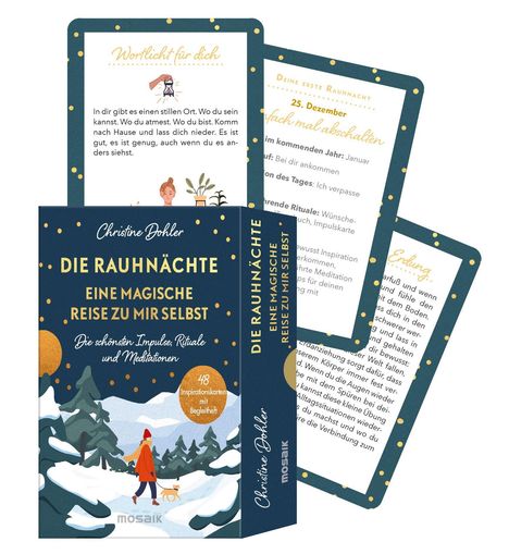 Karten mit Texten zur Besinnung. Titel: "Die Rauhnächte. Eine magische Reise zu mir selbst." Illustration mit Winterlandschaft.