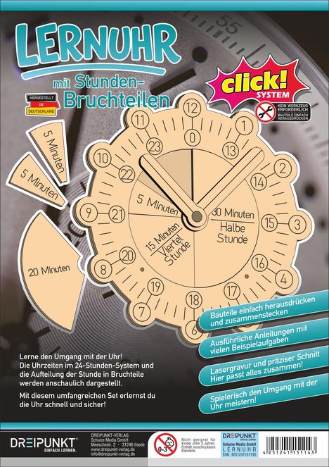 "Lernuhr mit Stunden-Bruchteilen", "click! System", "5 Minuten", "15 Minuten", "30 Minuten", "Bauteile einfach herausdrücken".