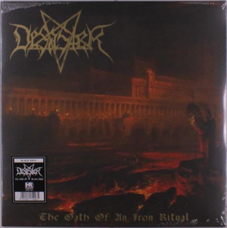 Der Text lautet: "The Oath of an Iron Ritual". Dunkle, feurige Landschaft mit einer alten, beeindruckenden Architektur im Hintergrund.