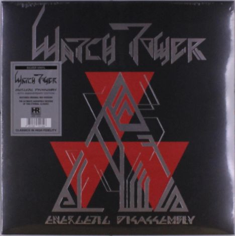 "Watch Tower", "Energetic Disassembly". Logo mit rotem Dreieck, geometrischen Formen, stilisierter Schrift auf schwarzem Hintergrund.