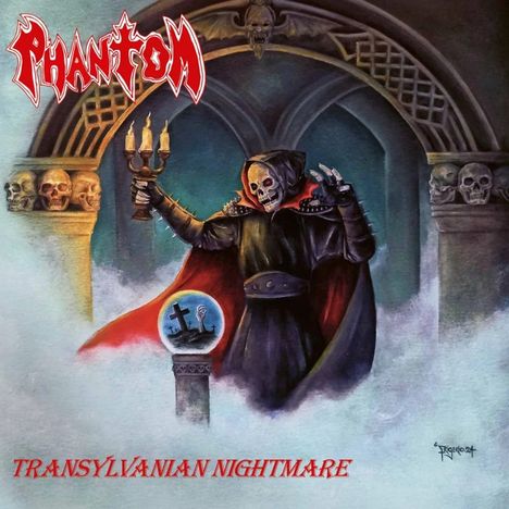 "Phantom" und "Transylvanian Nightmare" in fantastischer Schrift. Sensenmann-ähnliche Figur in nebligem gotischen Setting.