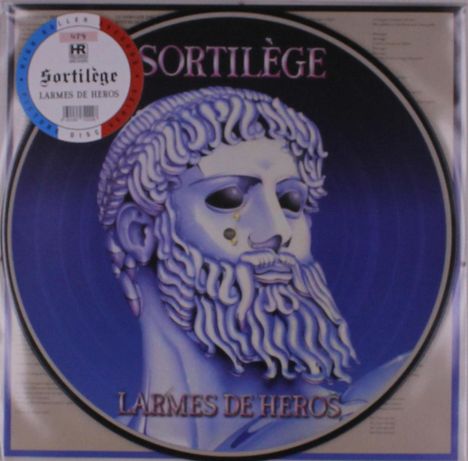 Sortilège, Larmes de Héros. Illustration eines weinenden bärtigen Kopfes in Blau- und Violetttönen.