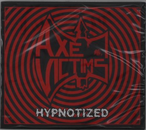 "Axe Victims" oben, "Hypnotized" unten. Rote Spiralen auf schwarzem Grund, dynamisches, hypnotisches Design.