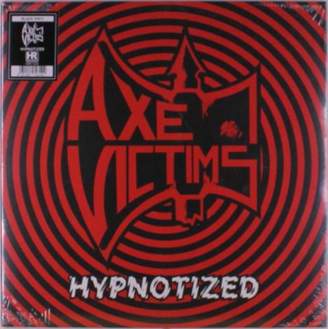"Axe Victims" und "Hypnotized" in rot-schwarz mit einem Logo und konzentrischen Kreisen. Vinyl-Cover-Gestaltung.